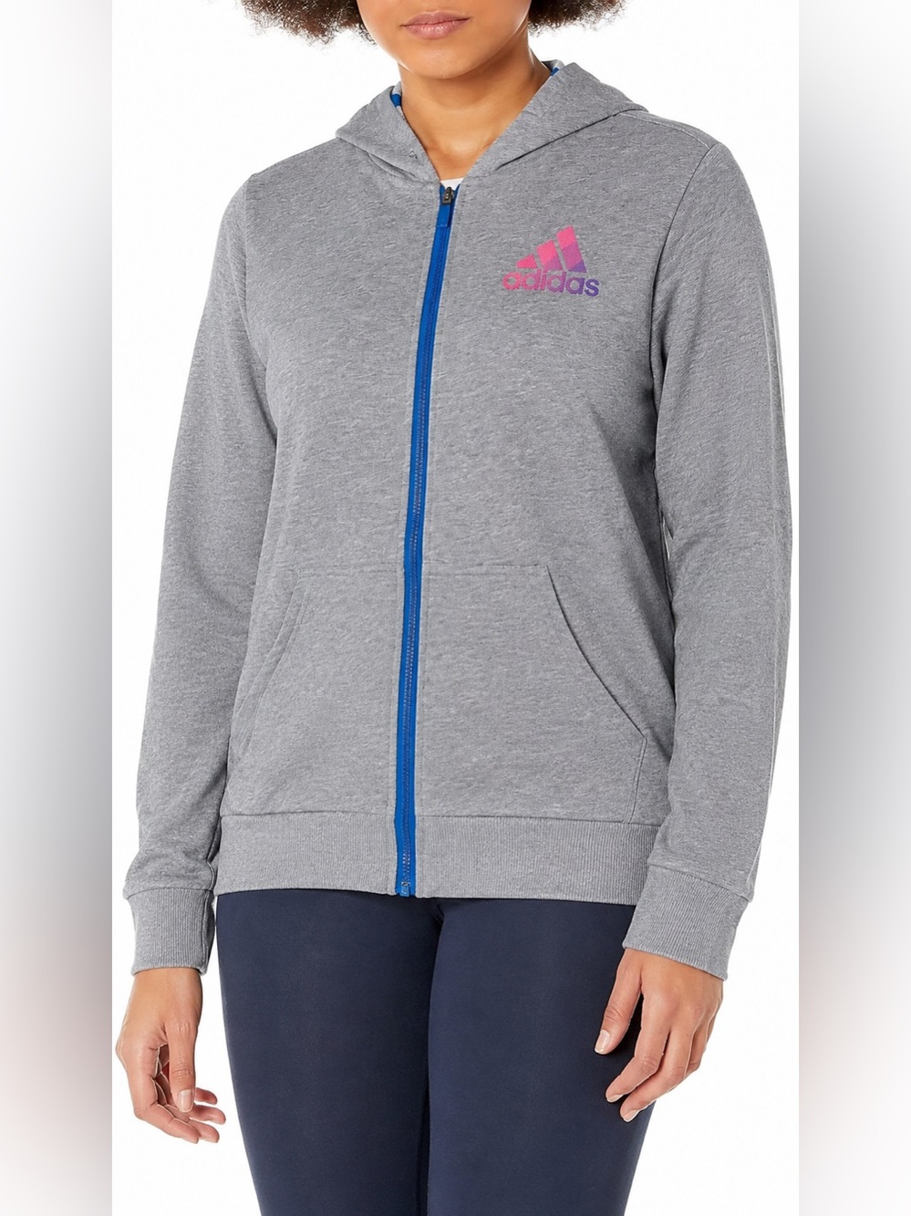 Adidas Gray Full Zip Hoodie Jacket Blue Zipper Logo Size L